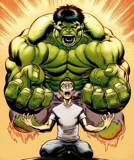 Bruce Banner får gamma-strålning i sig och blir Hulk